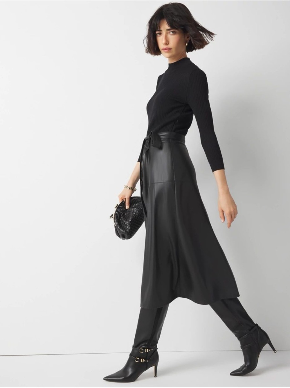 EUC White House Black Market 3/4 Sleeve Faux-Leather Midi Skirt Dress Black Sz 4